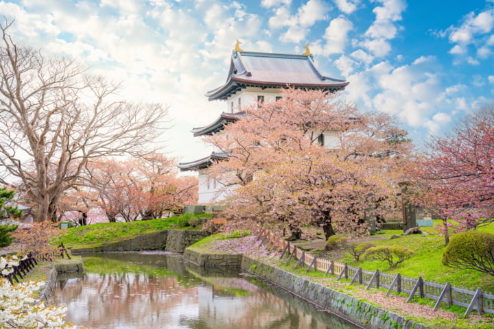 Das Matsumae Castle während Sakura in Hokkaido, Japan